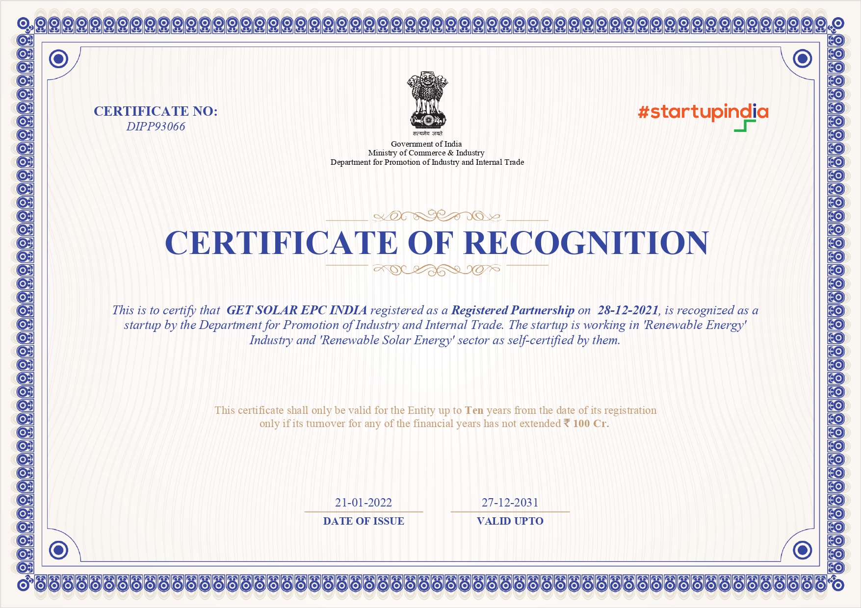 Startup India Certificate