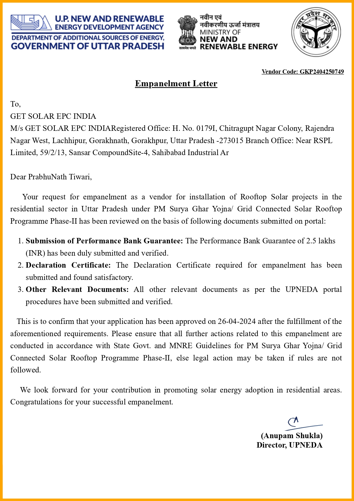 UPENDRA Vendor Registration